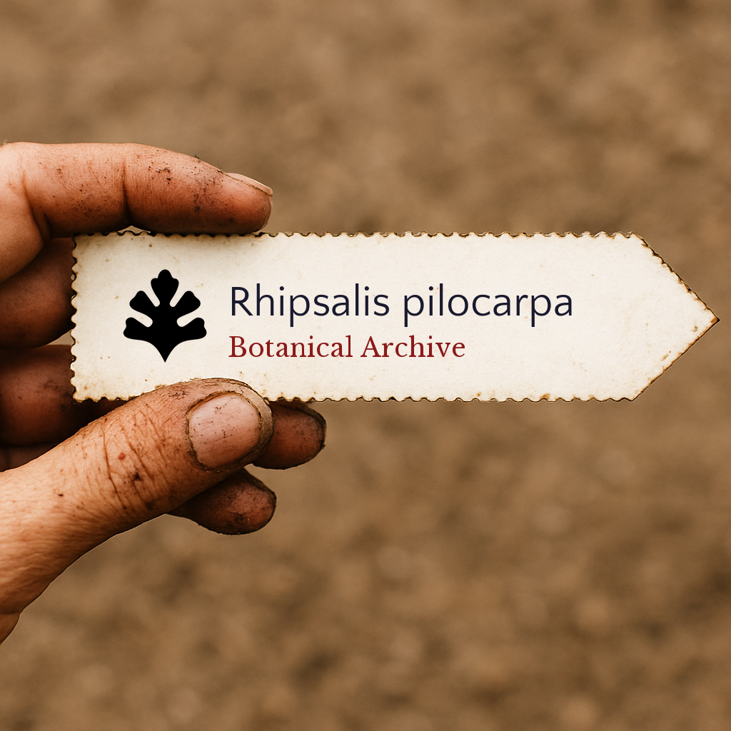 Printed plant label for Rhipsalis pilocarpa held by dirty hand with blurred soil background