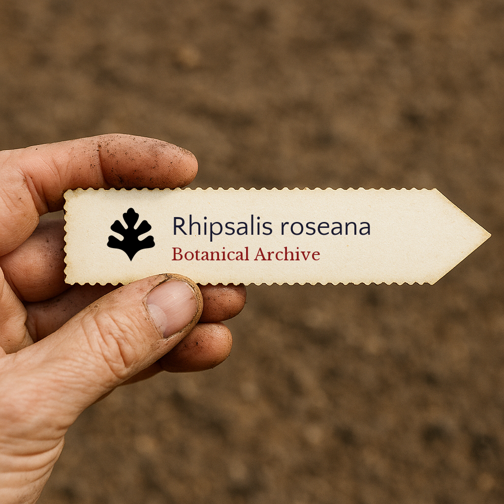 Printed plant label for Rhipsalis roseana held by hand with soil background