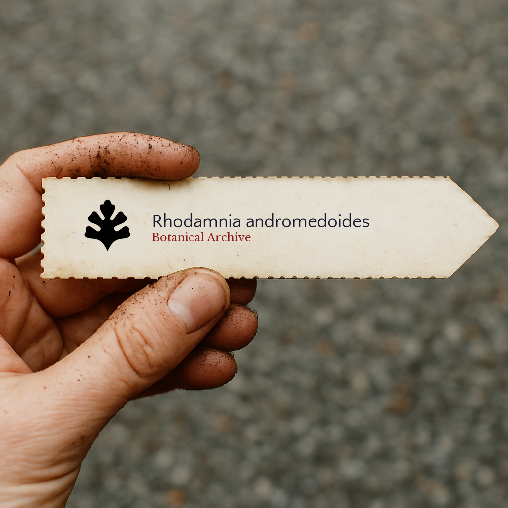 Etichetta per pianta stampata per Rhodamnia andromedoides con il logo Botanical Archive tenuta a mano