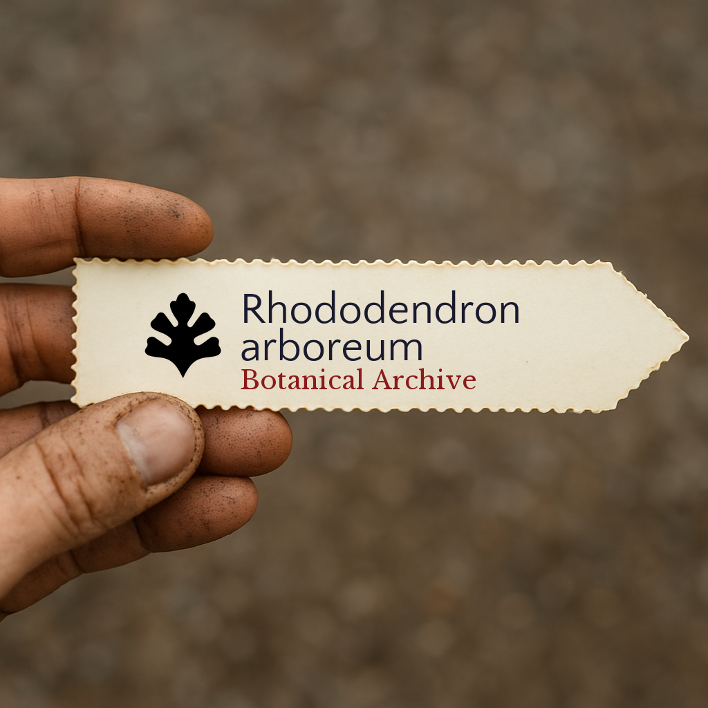 Etichetta stampata per pianta di Rhododendron arboreum tenuta a mano con sfondo di terra