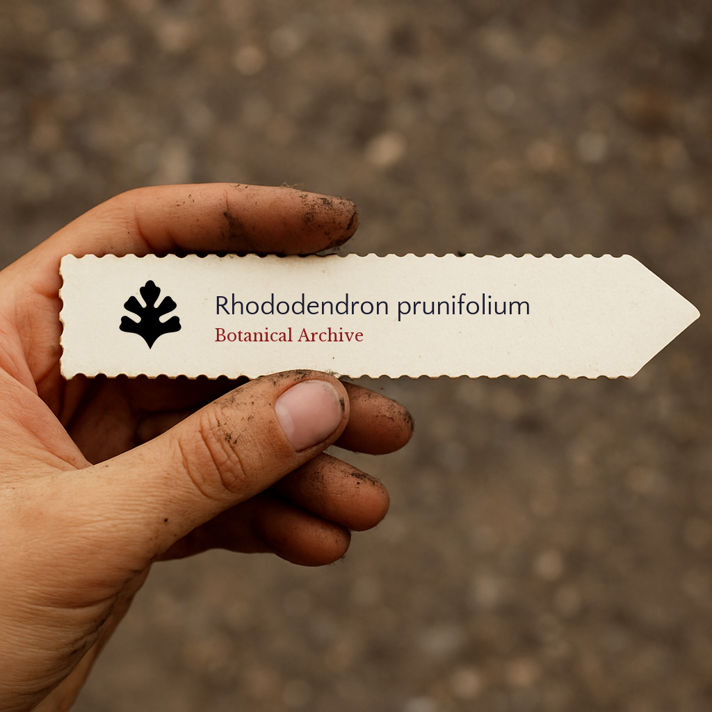 Printed plant label for Rhododendron prunifolium held by dirty hand over soil background