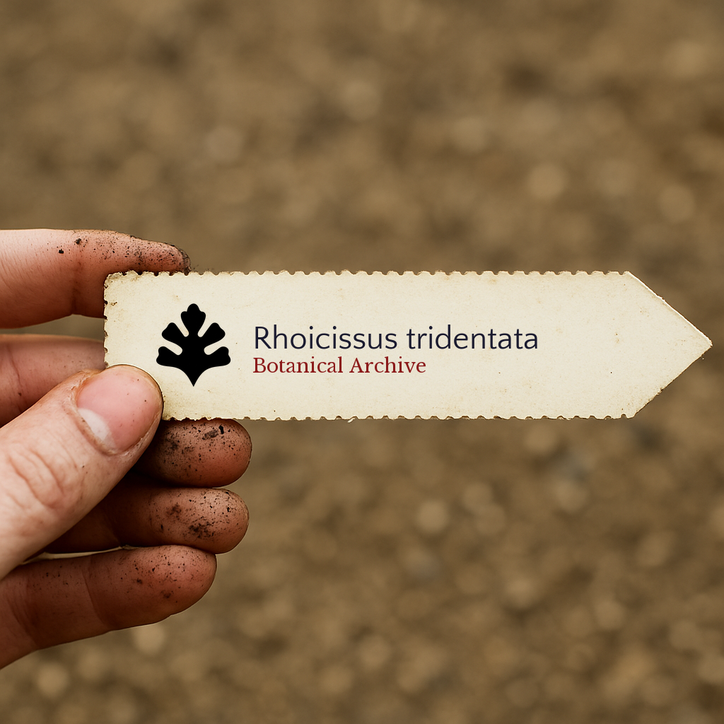 Printed plant label for Rhoicissus tridentata held by hand with soil background