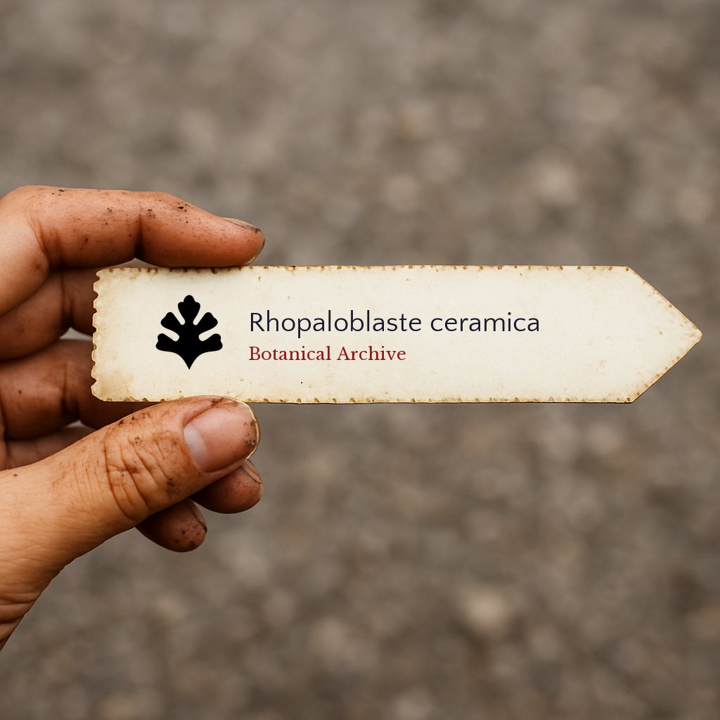 Printed plant label for Rhopaloblaste ceramica held by hand with dirt background