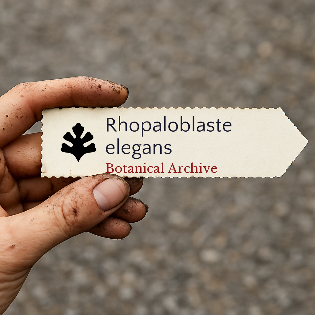 Etichetta vegetale stampata per Rhopaloblaste elegans tenuta da una mano sporca all'aperto