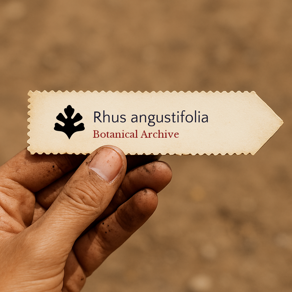 Etichetta stampata per pianta di Rhus angustifolia con logo Botanical Archive in mano