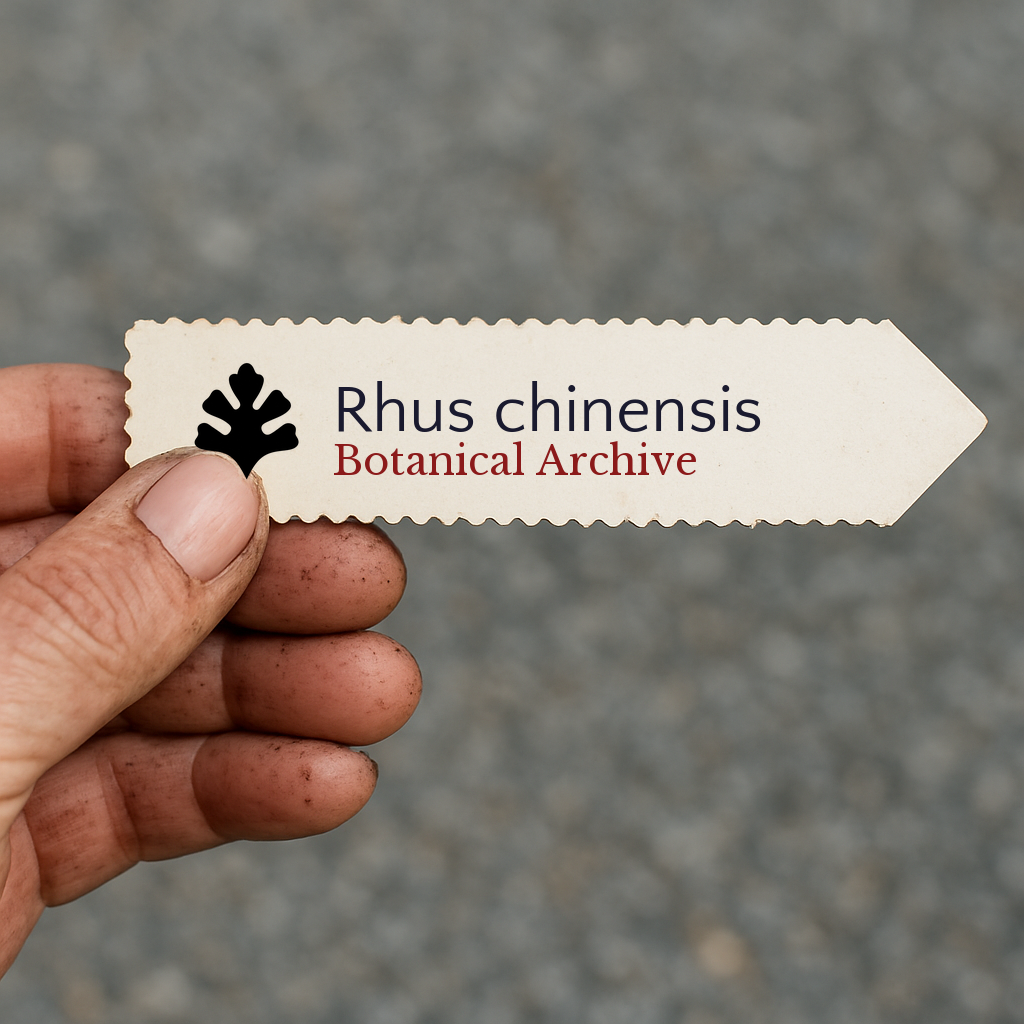 Printed plant label for Rhus chinensis held by hand with dirt on fingers