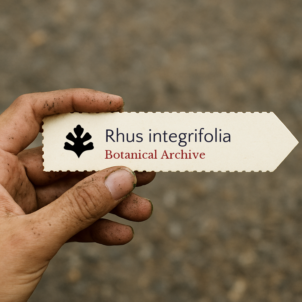 Printed plant label for Rhus integrifolia with botanical archive logo held by hand