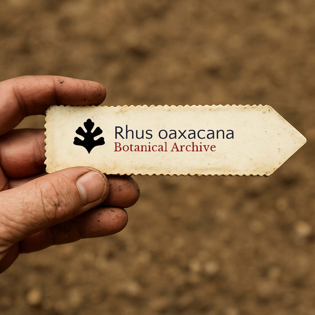 Etichetta stampata per pianta di Rhus oaxacana Botanical Archive tenuta in mano dal giardiniere
