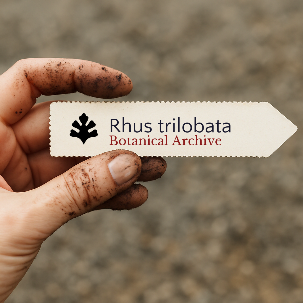 Printed plant label for Rhus trilobata held by dirty hand outdoors