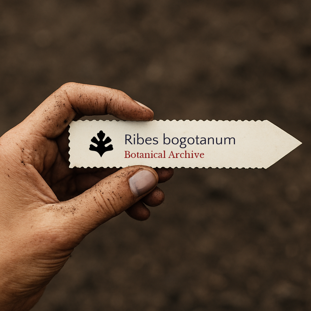 Printed plant label for Ribes bogotanum held by dirty hand against soil background