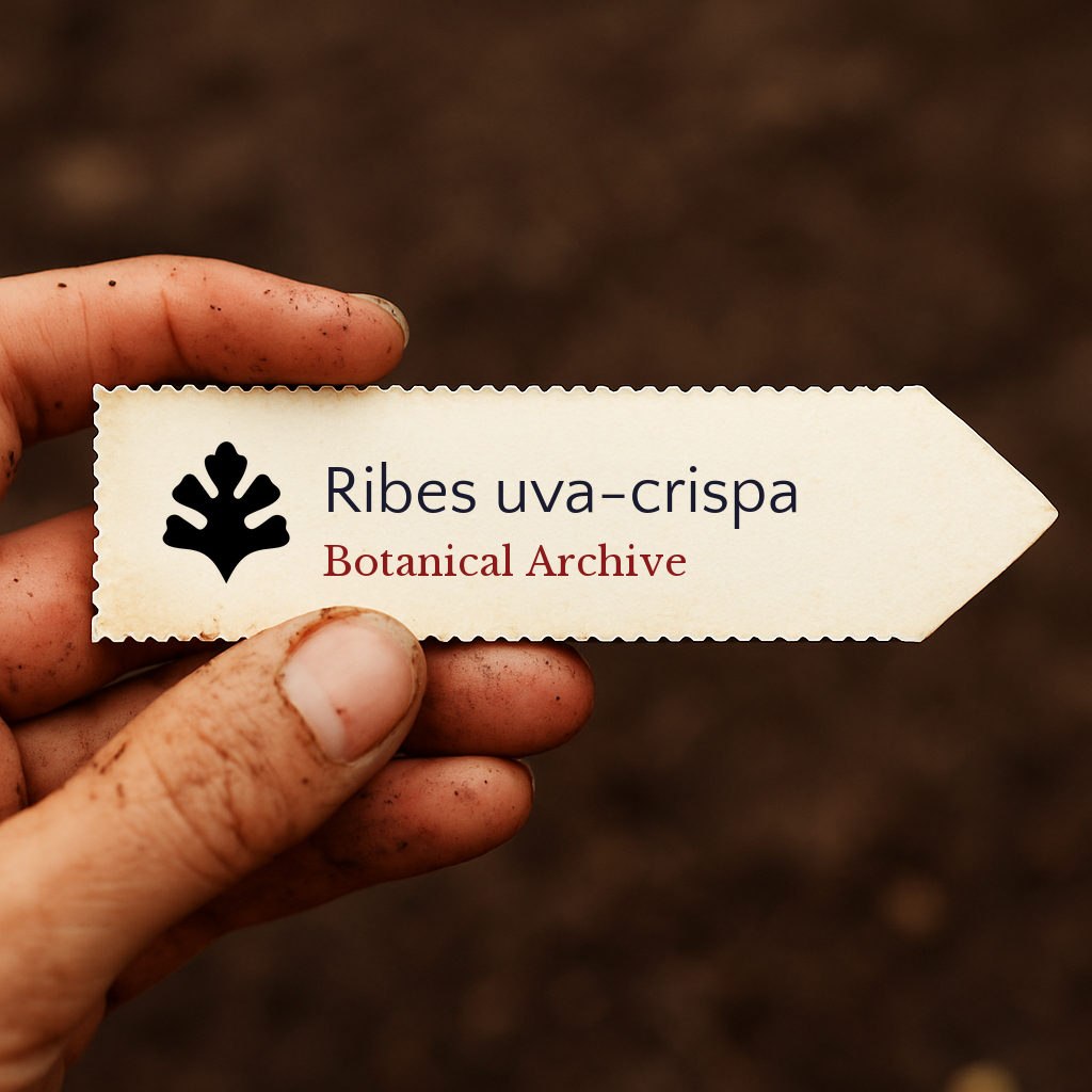 Printed plant label for Ribes uva-crispa held by dirty hand with soil background