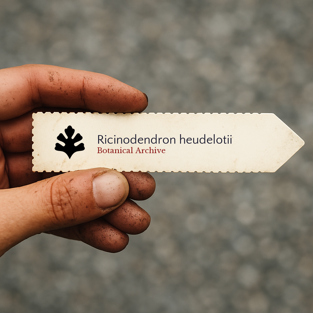 Printed plant label for Ricinodendron heudelotii held by dirty hand outdoors