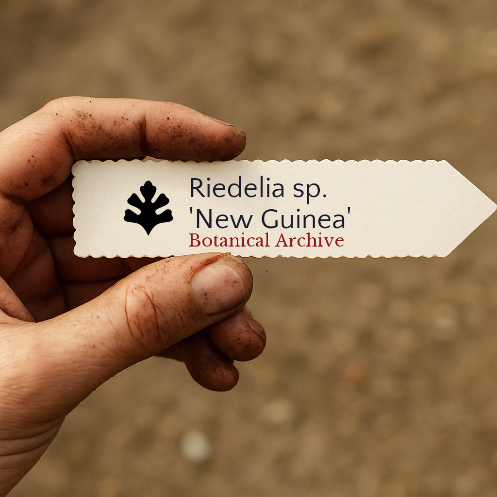 Printed plant label for Riedelia sp. 'New Guinea' held in dirty hand outdoors