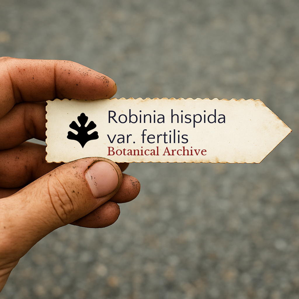 Printed plant label for Robinia hispida var. fertilis held by dirty hand outdoors