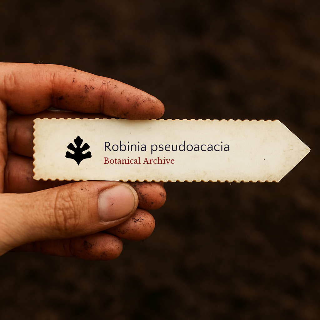 Printed plant label for Robinia pseudoacacia held by dirty hand over soil background