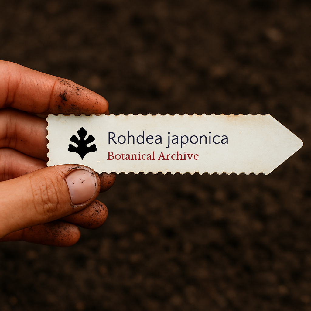 Etichetta per piante stampata di Rohdea japonica tenuta a mano su sfondo di terreno