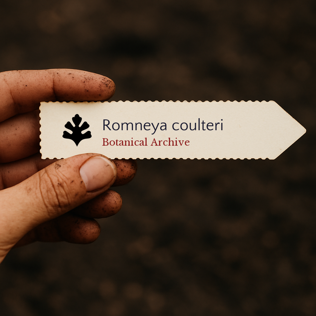 Printed plant label for Romneya coulteri held by dirty hand against soil background