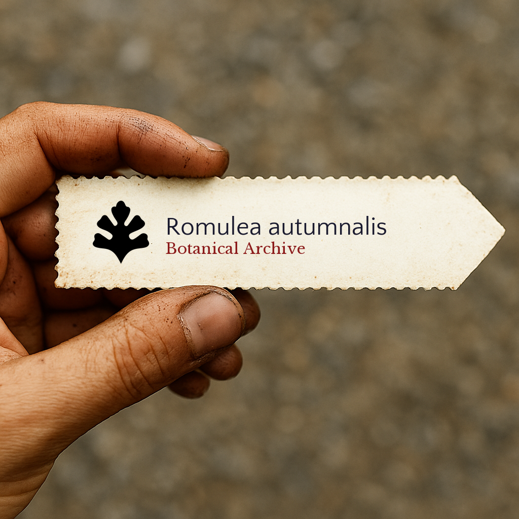 Printed plant label for Romulea autumnalis with botanical archive logo held by hand