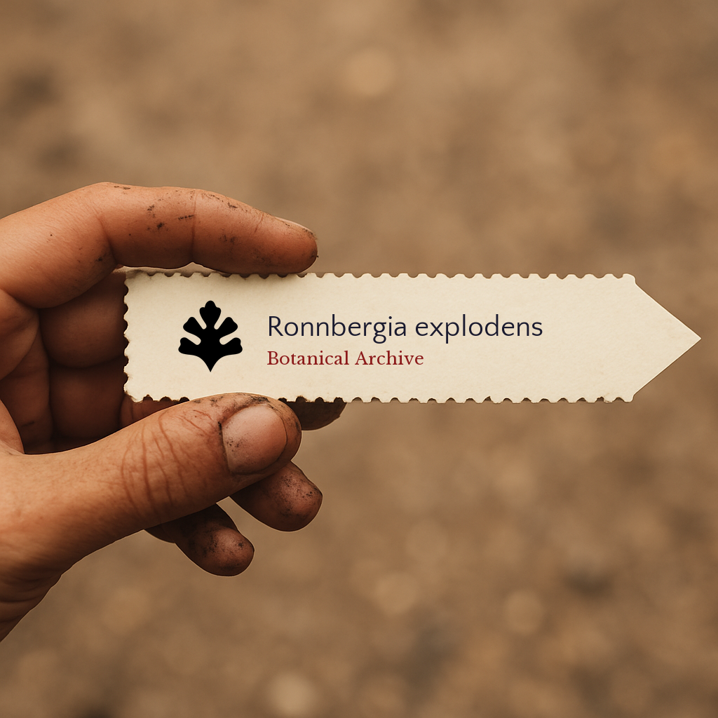 Printed plant label for Ronnbergia explodens held by dirty hand outdoors