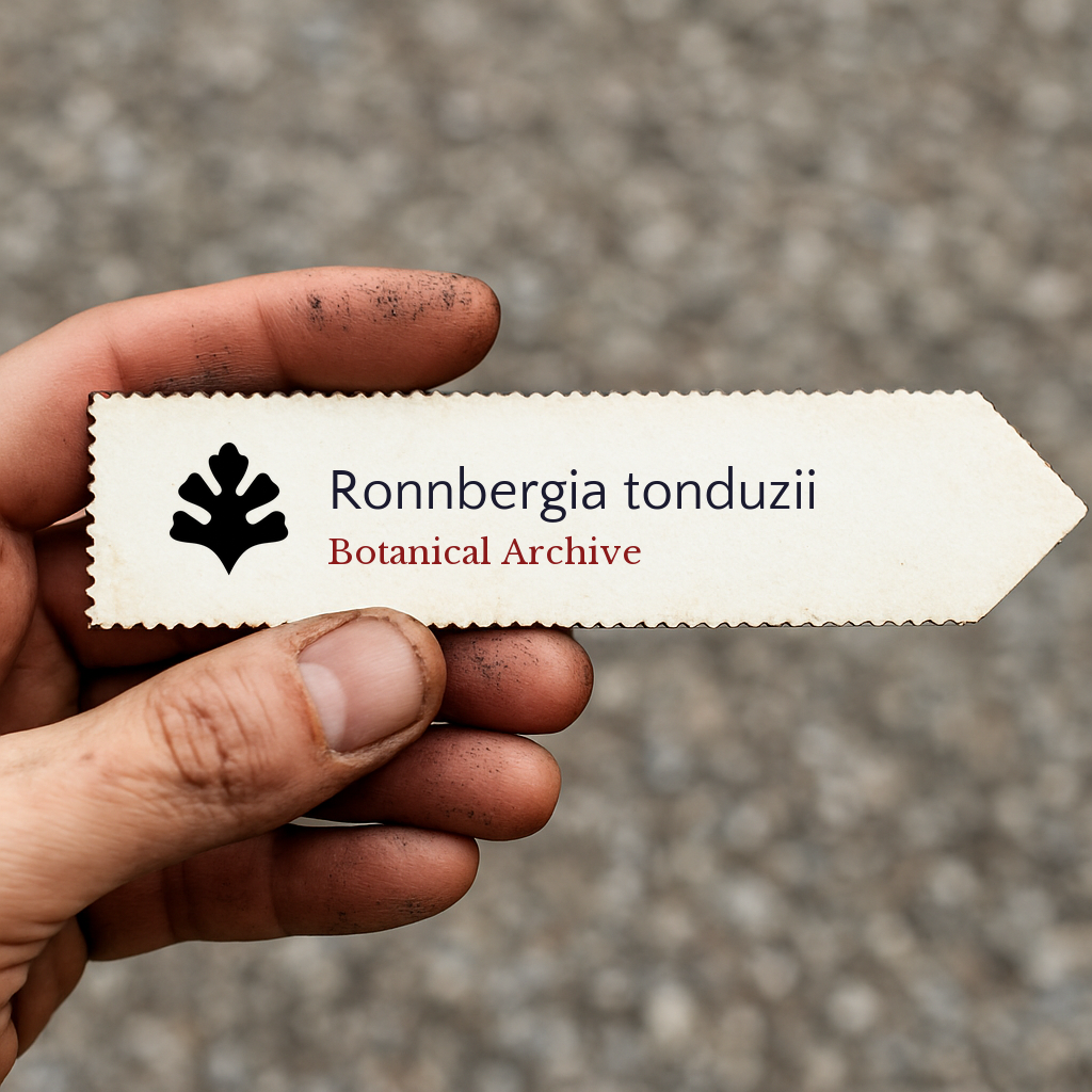 Printed plant label for Ronnbergia tonduzii held by hand with dirt on fingers