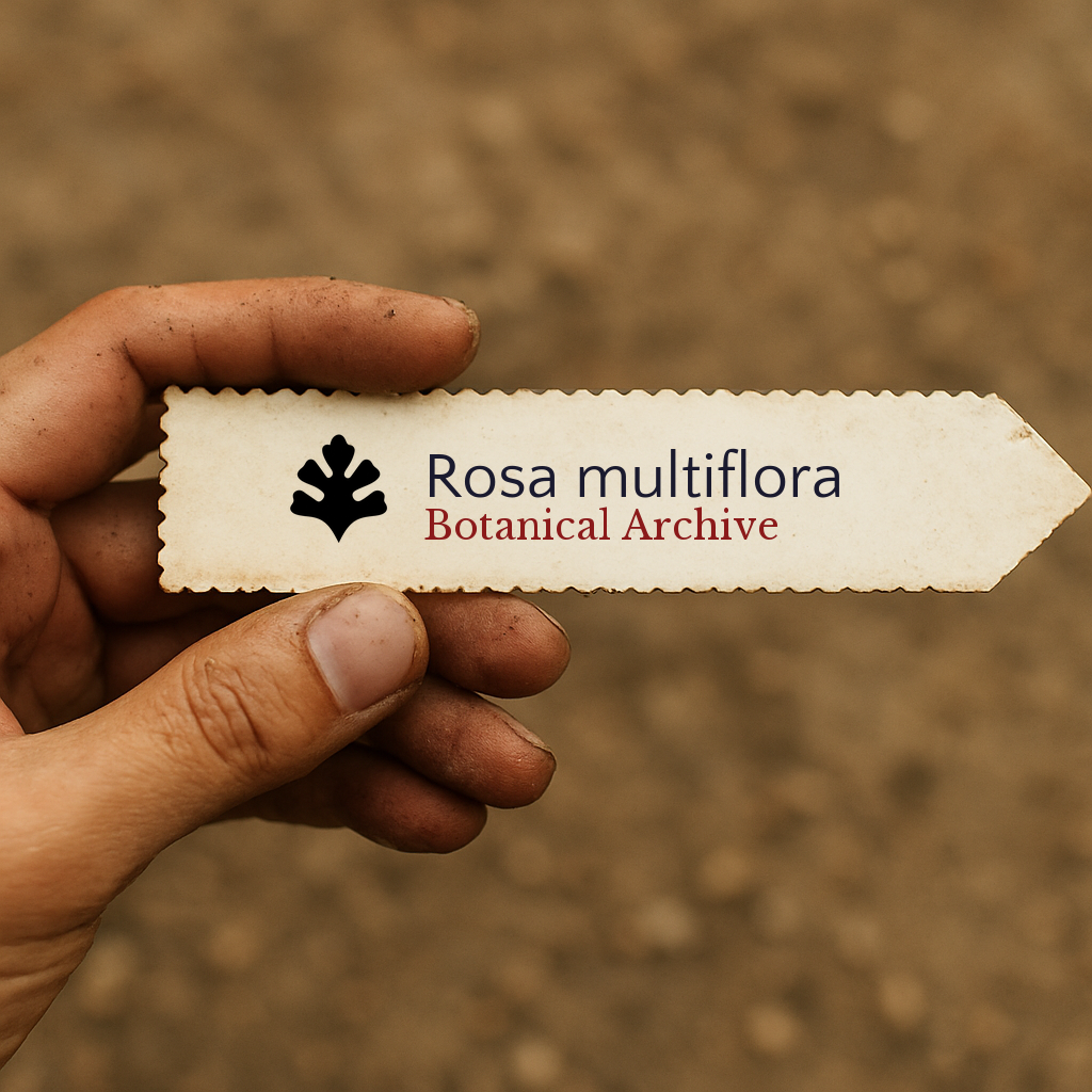 Etichetta per piante stampata per Rosa multiflora tenuta in mano con sfondo di terreno