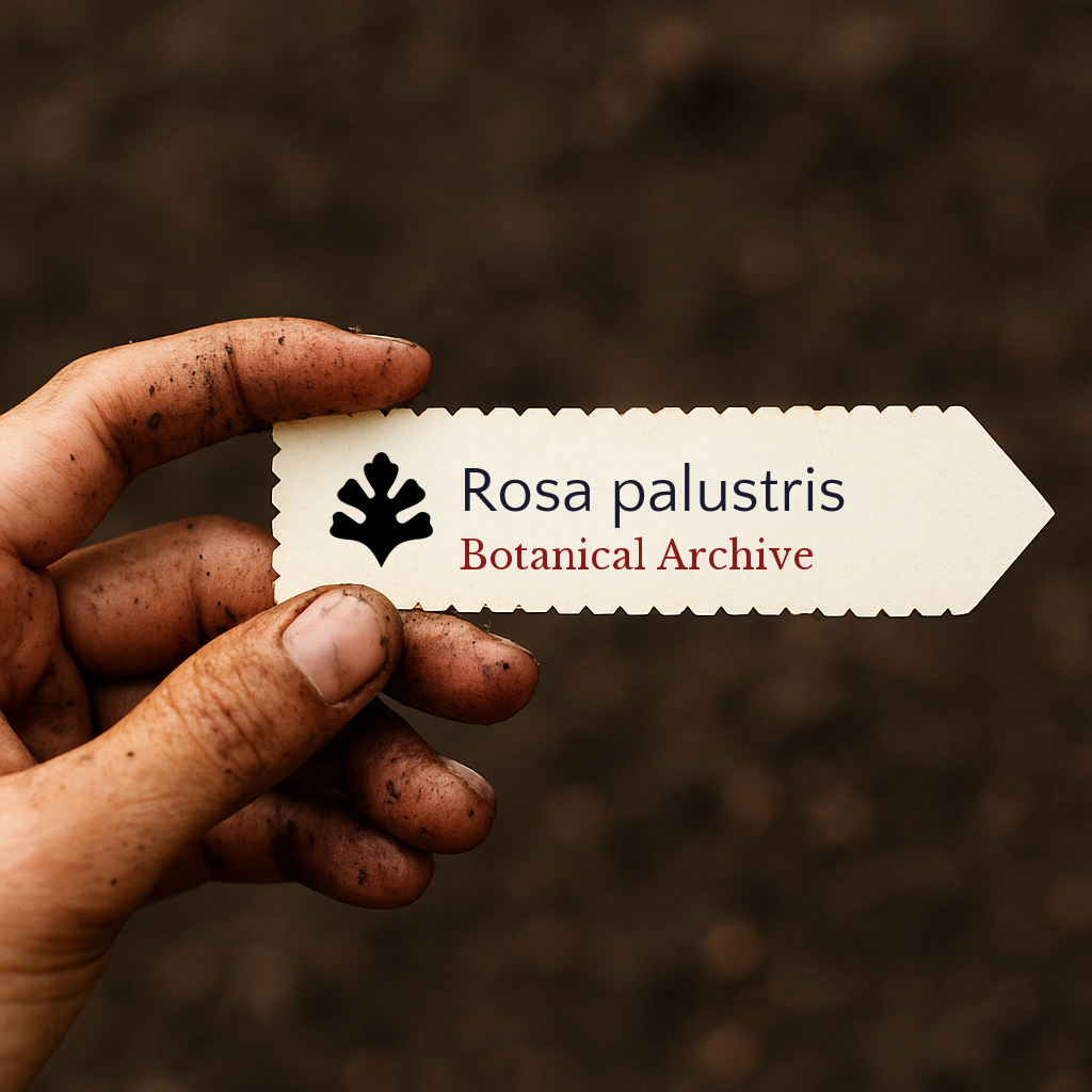 Printed plant label for Rosa palustris held by dirty hand over soil background