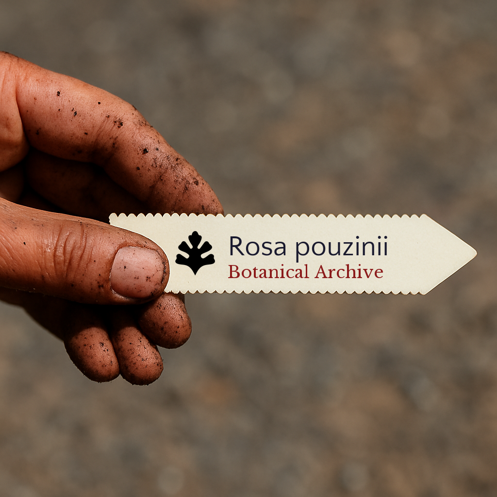 Printed plant label for Rosa pouzinii held by dirty hand with soil background
