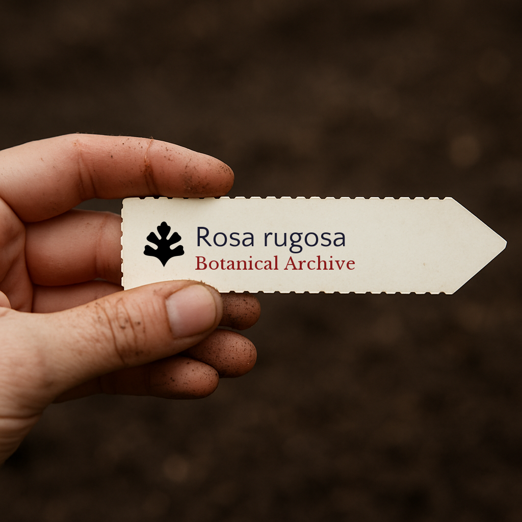 Printed plant label for Rosa rugosa held by dirty hand over soil background