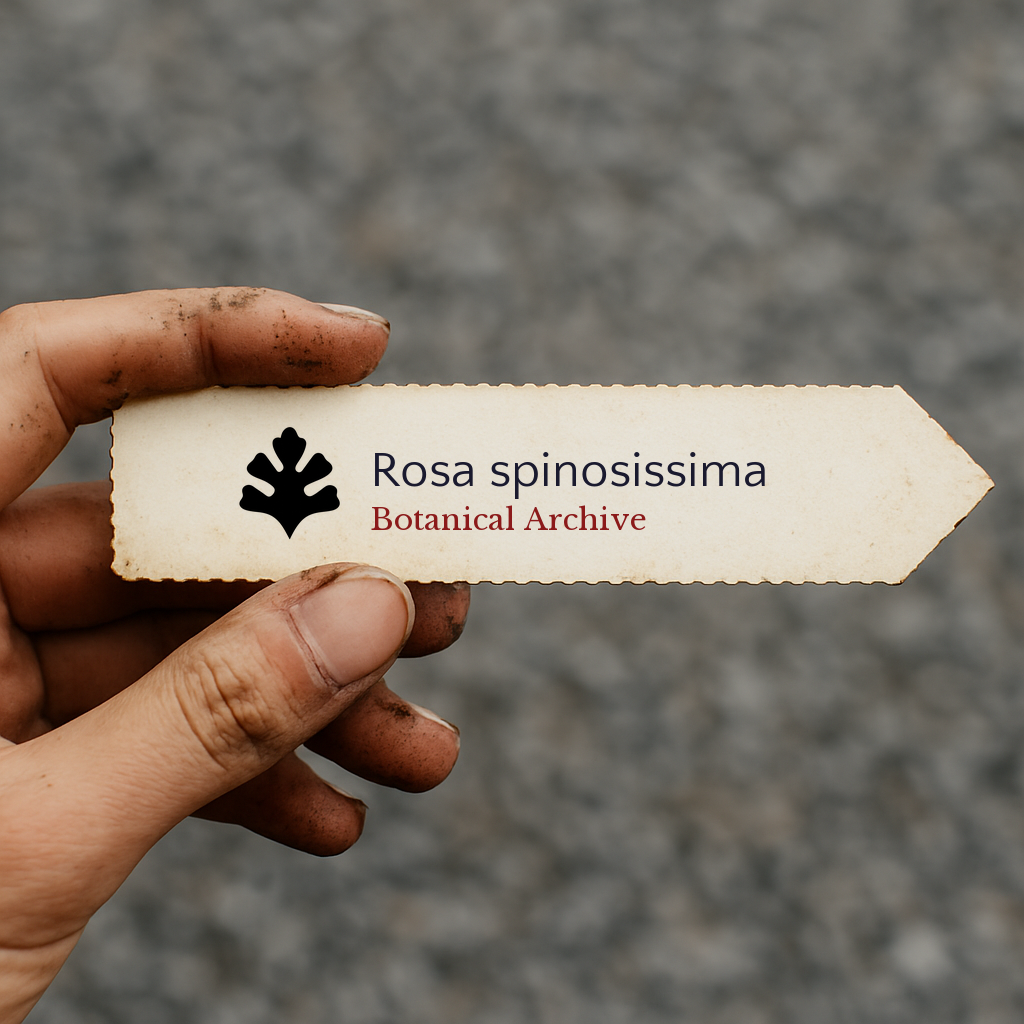 Printed plant label for Rosa spinosissima held by dirty hand on blurred background