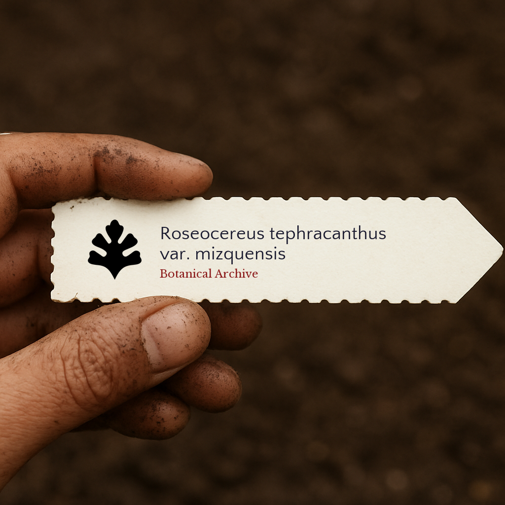 Printed plant label for Roseocereus tephracanthus var. mizquensis held over soil background