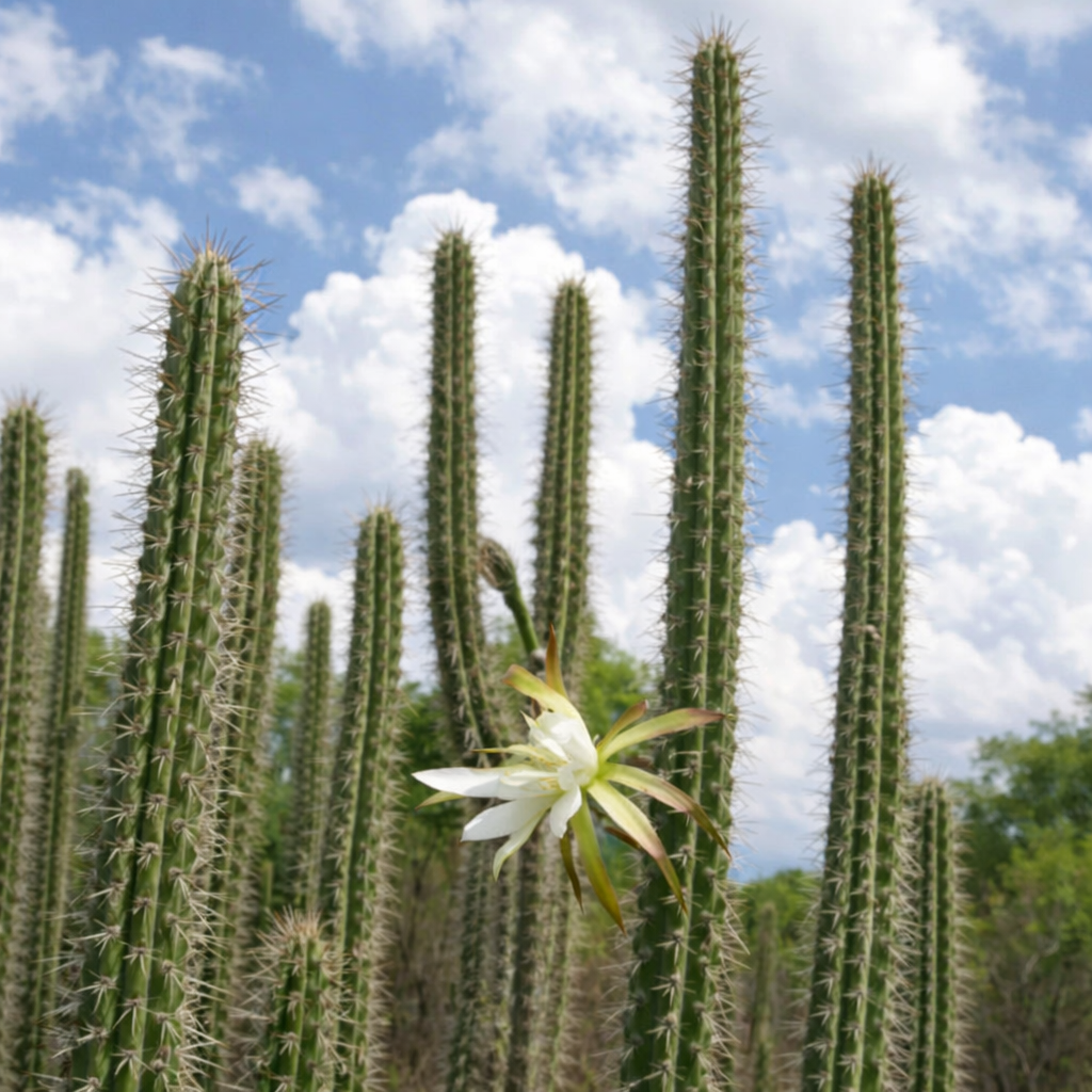 Roseocereus tephracanthus tall green cactus with spines and white flower in desert environment