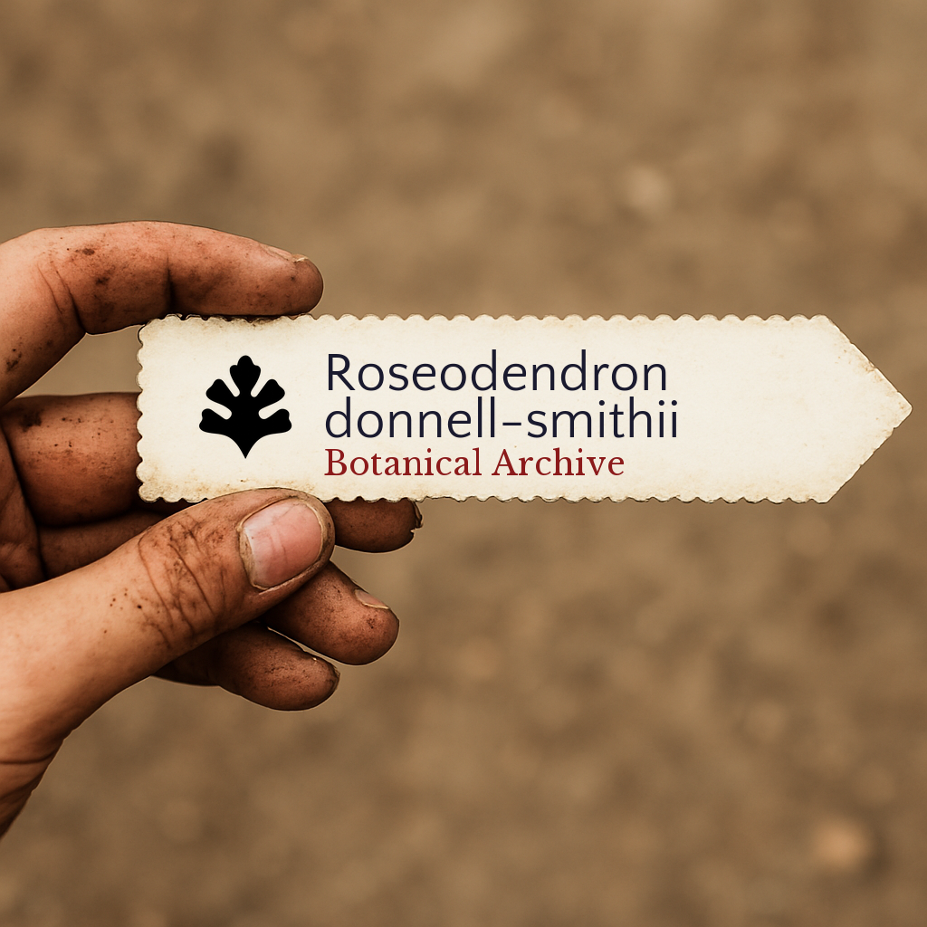 Printed plant label for Roseodendron donnell-smithii held by dirty hand outdoors