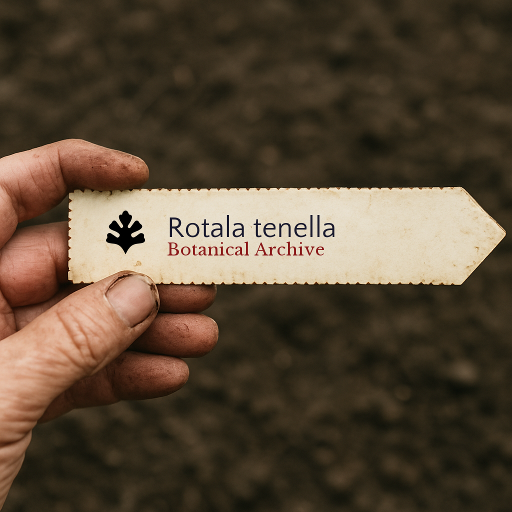 Printed plant label for Rotala tenella held by hand over soil background
