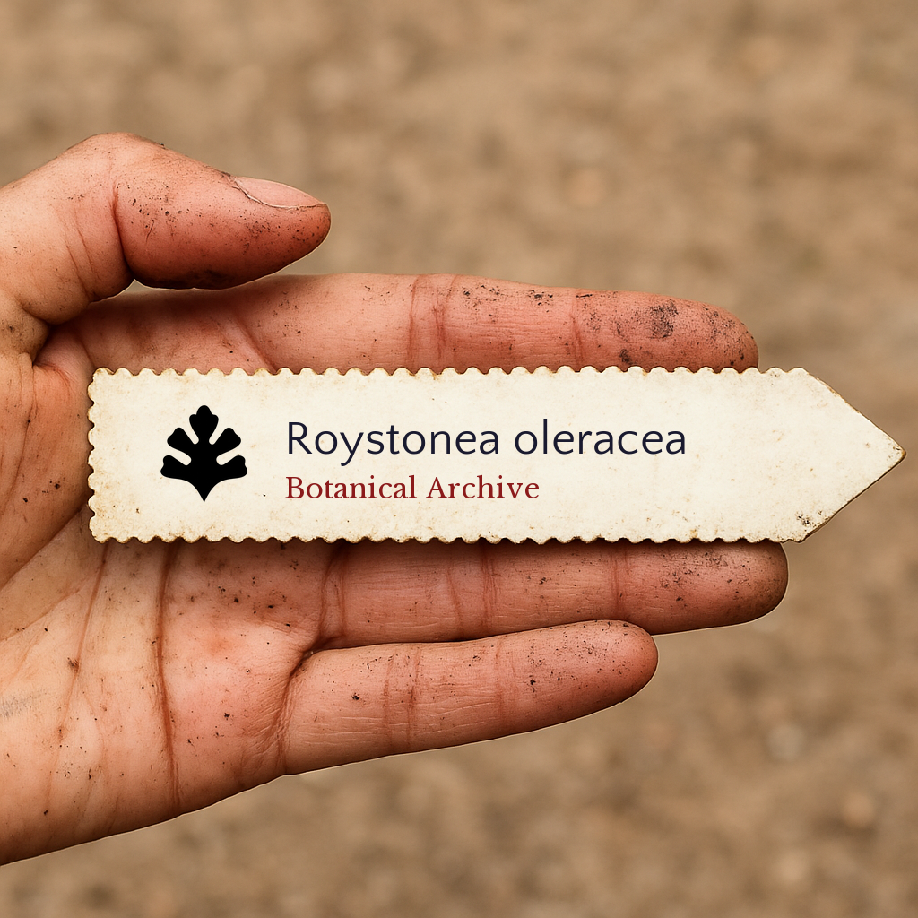 Etichetta vegetale stampata per Roystonea oleracea tenuta in mano sporca all'aperto