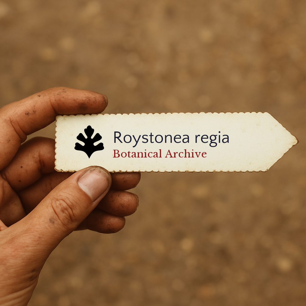 Etichetta stampata per pianta di Roystonea regia con logo Botanical Archive tenuta in mano