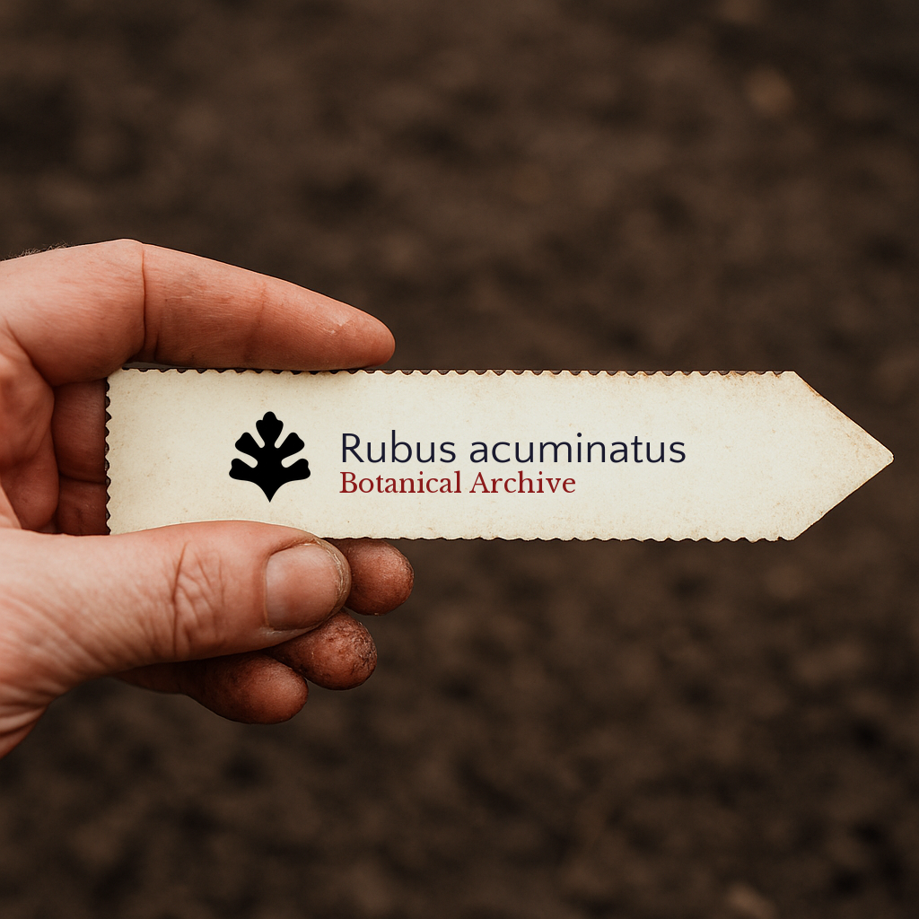 Printed plant label for Rubus acuminatus held over soil background