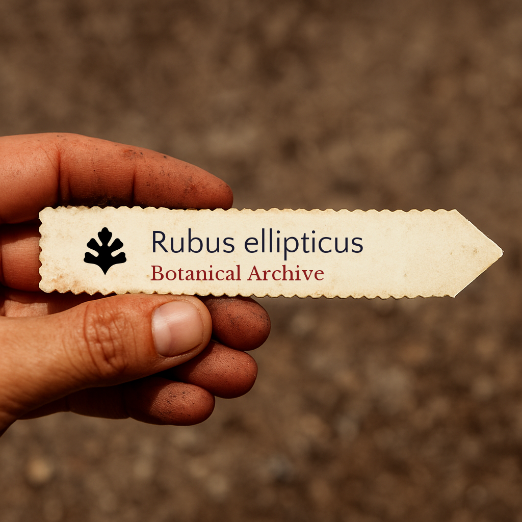 Etichetta stampata per pianta di Rubus ellipticus tenuta a mano con sfondo di terreno