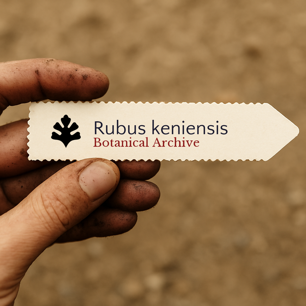 Printed plant label for Rubus keniensis held by dirty hand over soil background