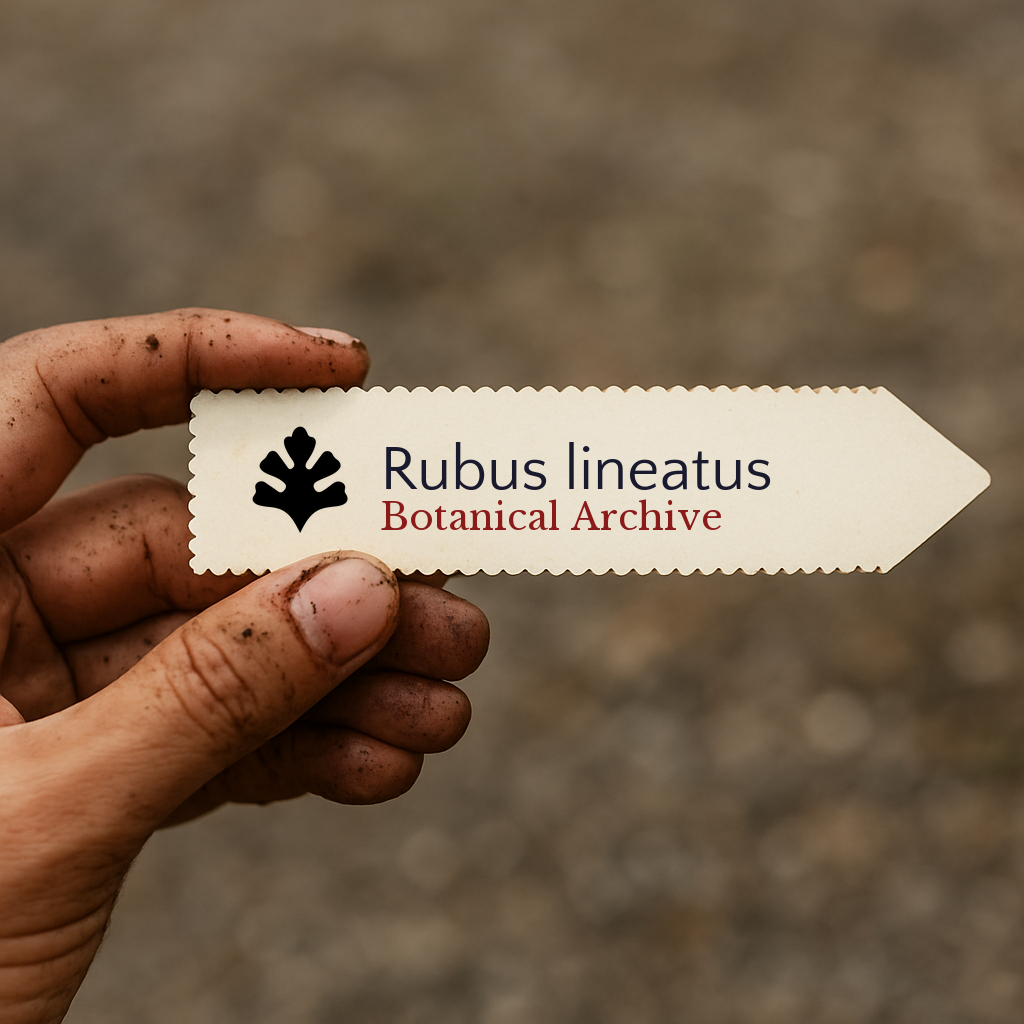 Printed plant label for Rubus lineatus held by a dirty hand outdoors