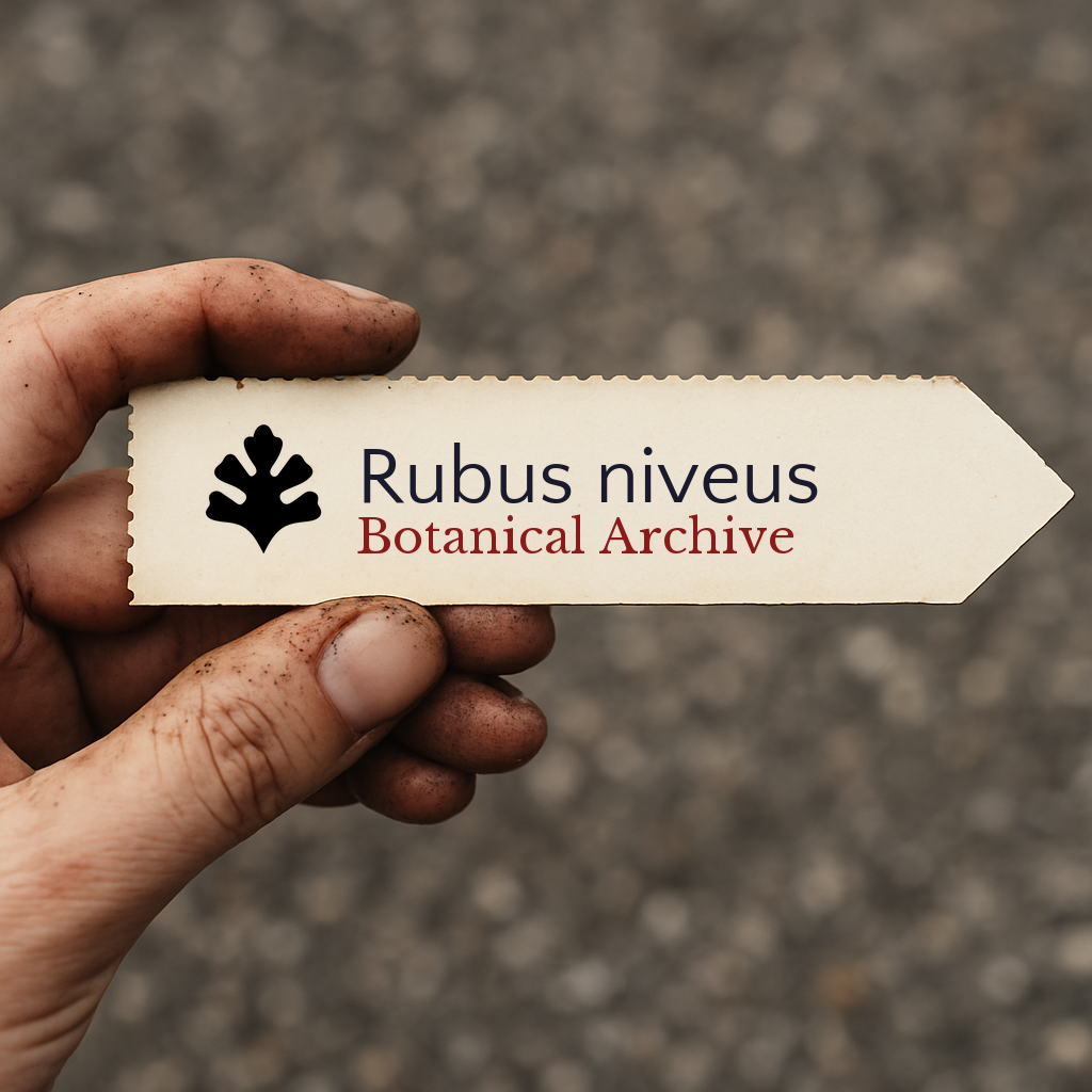 Printed plant label for Rubus niveus Botanical Archive held by dirty hand