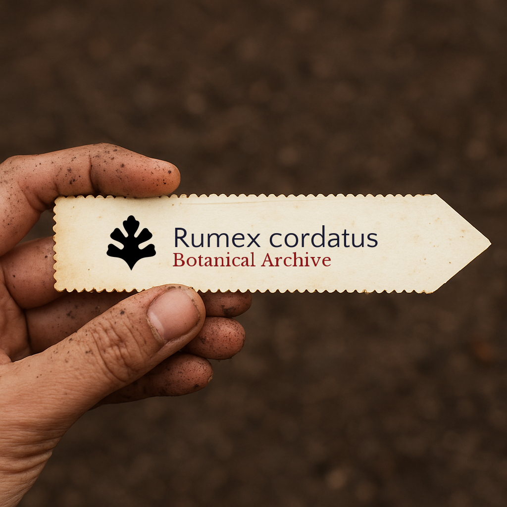 Etichetta per pianta stampata per Rumex cordatus tenuta da mano sporca con sfondo di terreno