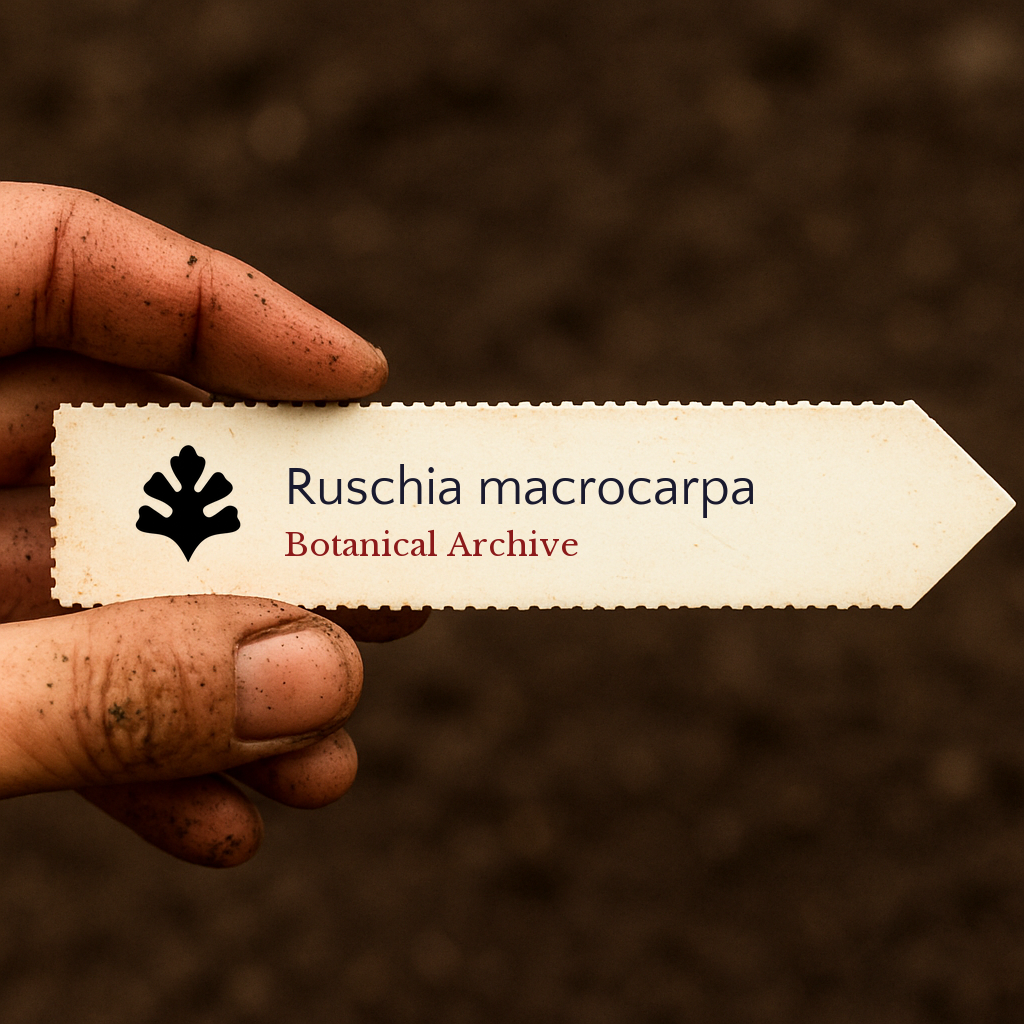 Etichetta stampata per pianta di Ruschia macrocarpa tenuta da mano sporca su sfondo di terreno