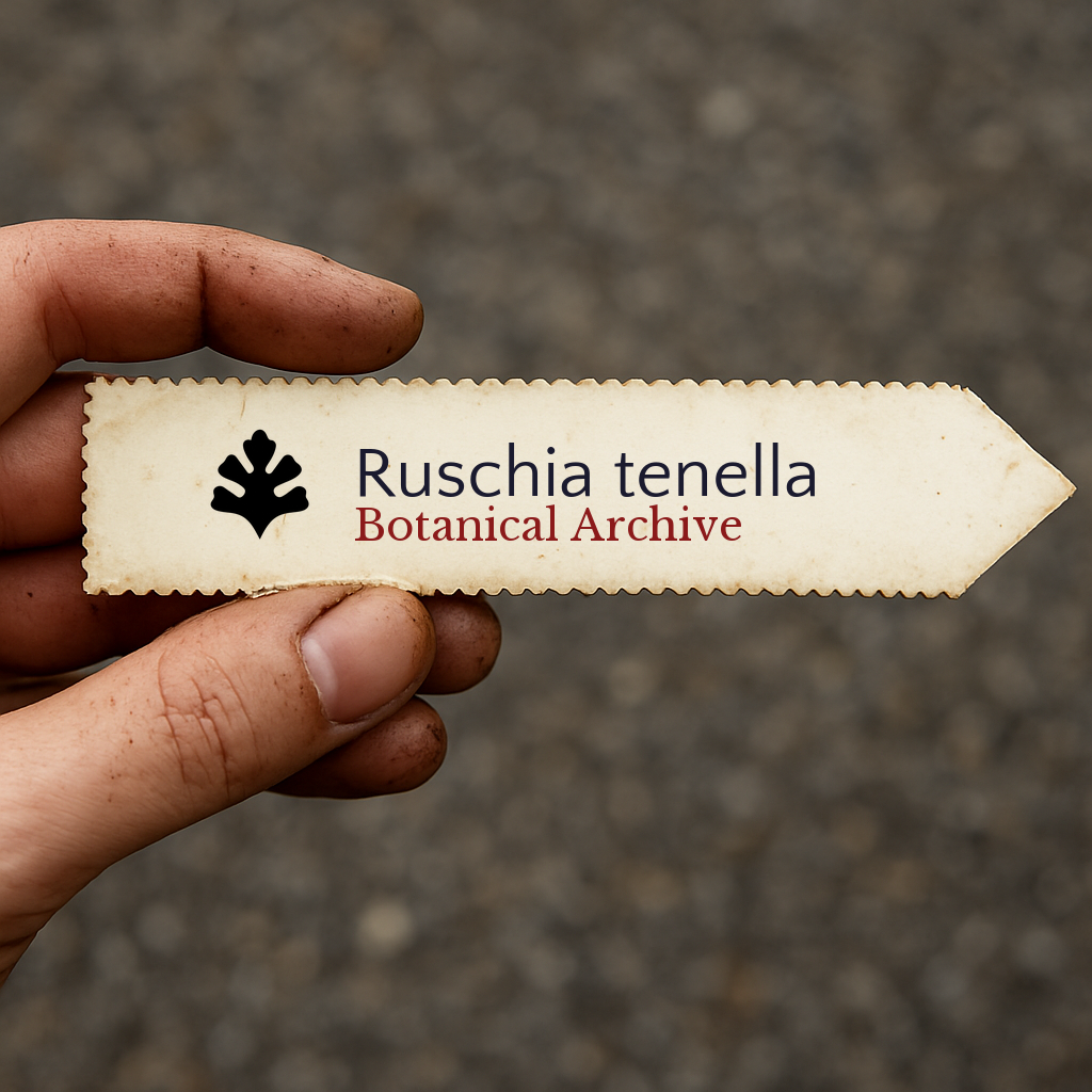 Etichetta per piante stampata per Ruschia tenella con il logo Botanical Archive tenuta a mano