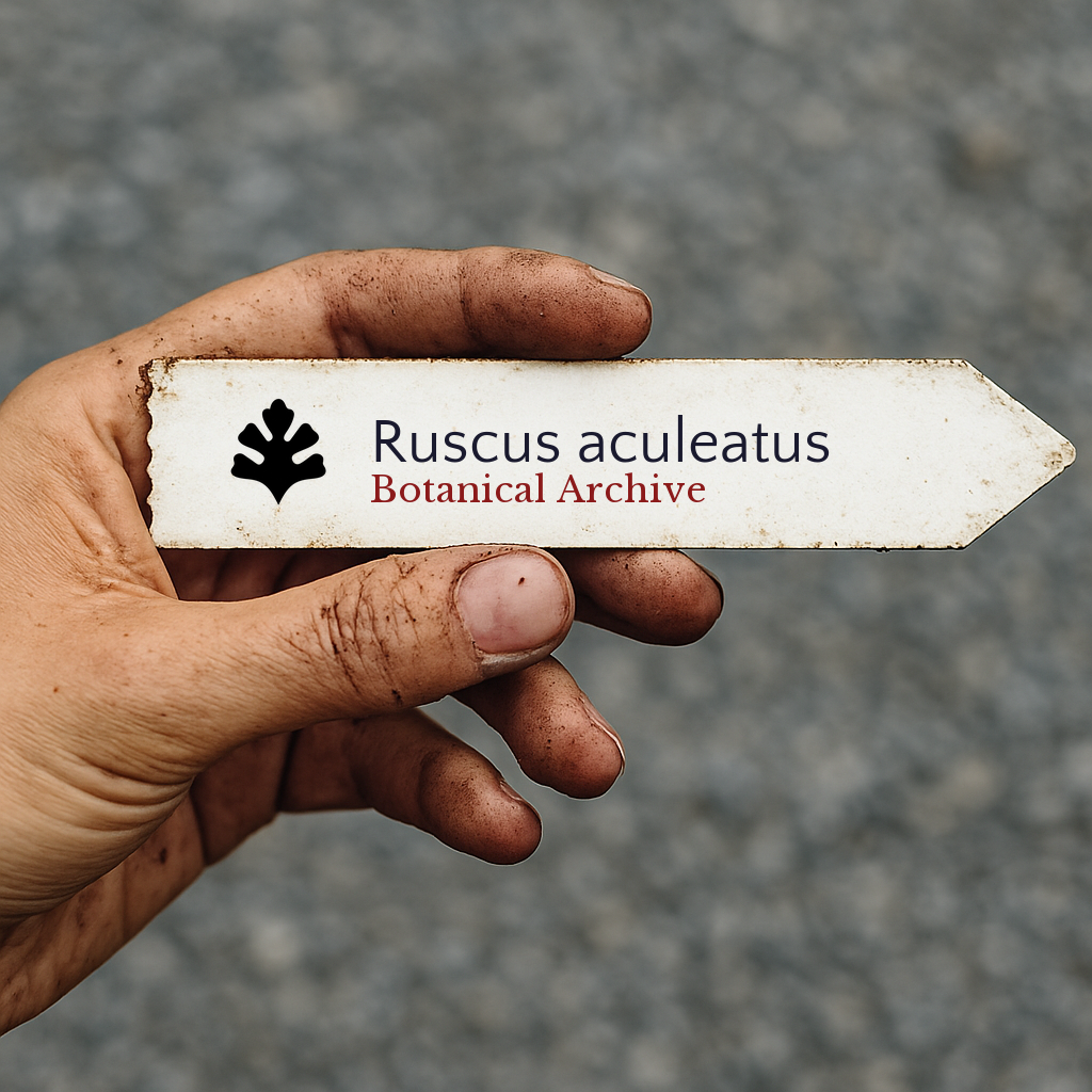Etichetta per pianta stampata per Ruscus aculeatus tenuta da una mano sporca all'aperto