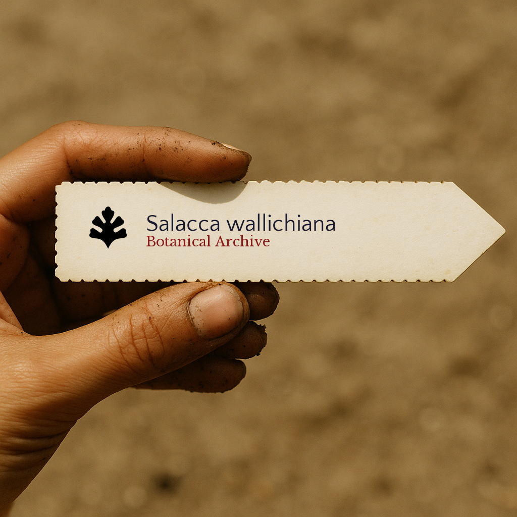 Printed plant label for Salacca wallichiana held by dirty hand outdoors