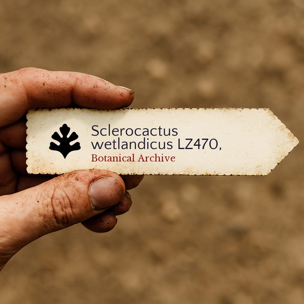Printed plant label for Sclerocactus wetlandicus LZ470 held by dirty hand