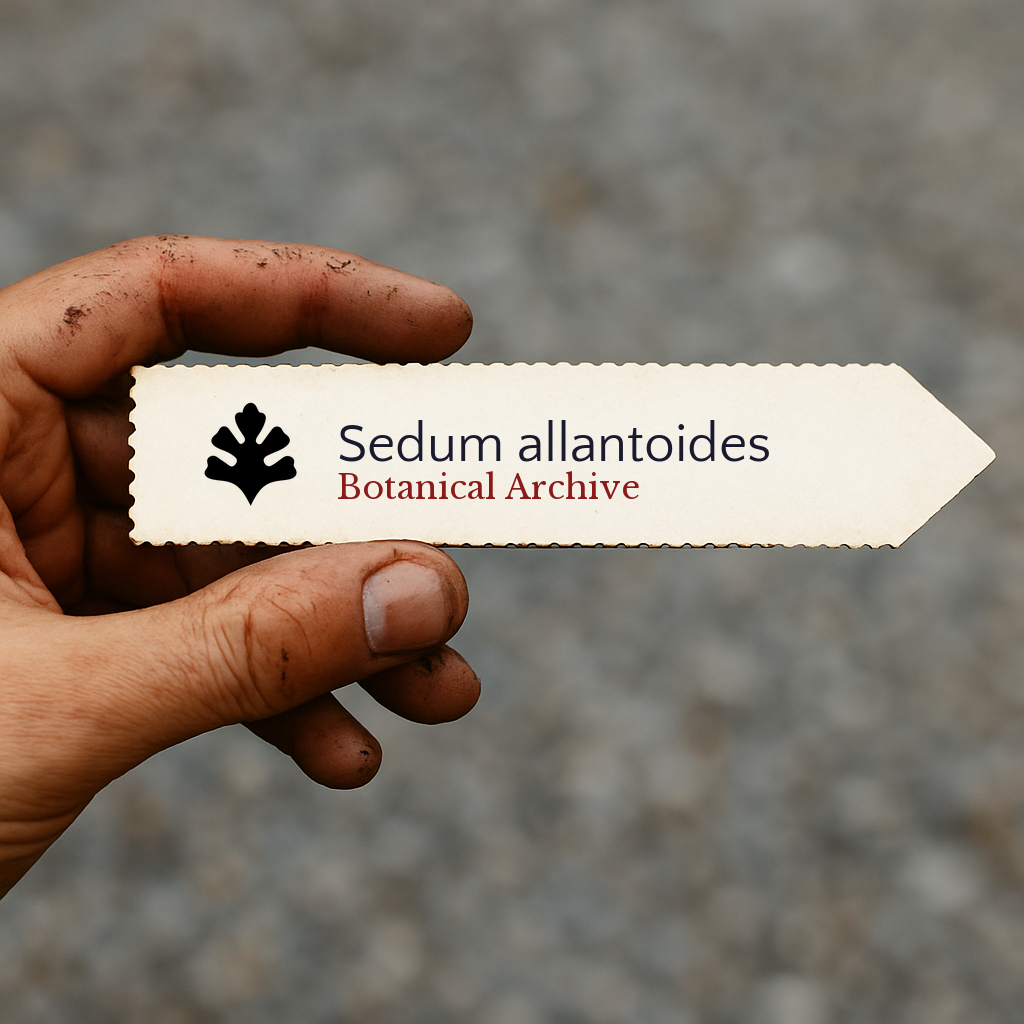 Etichetta stampata per pianta Sedum allantoides tenuta in mano con sfondo di terra