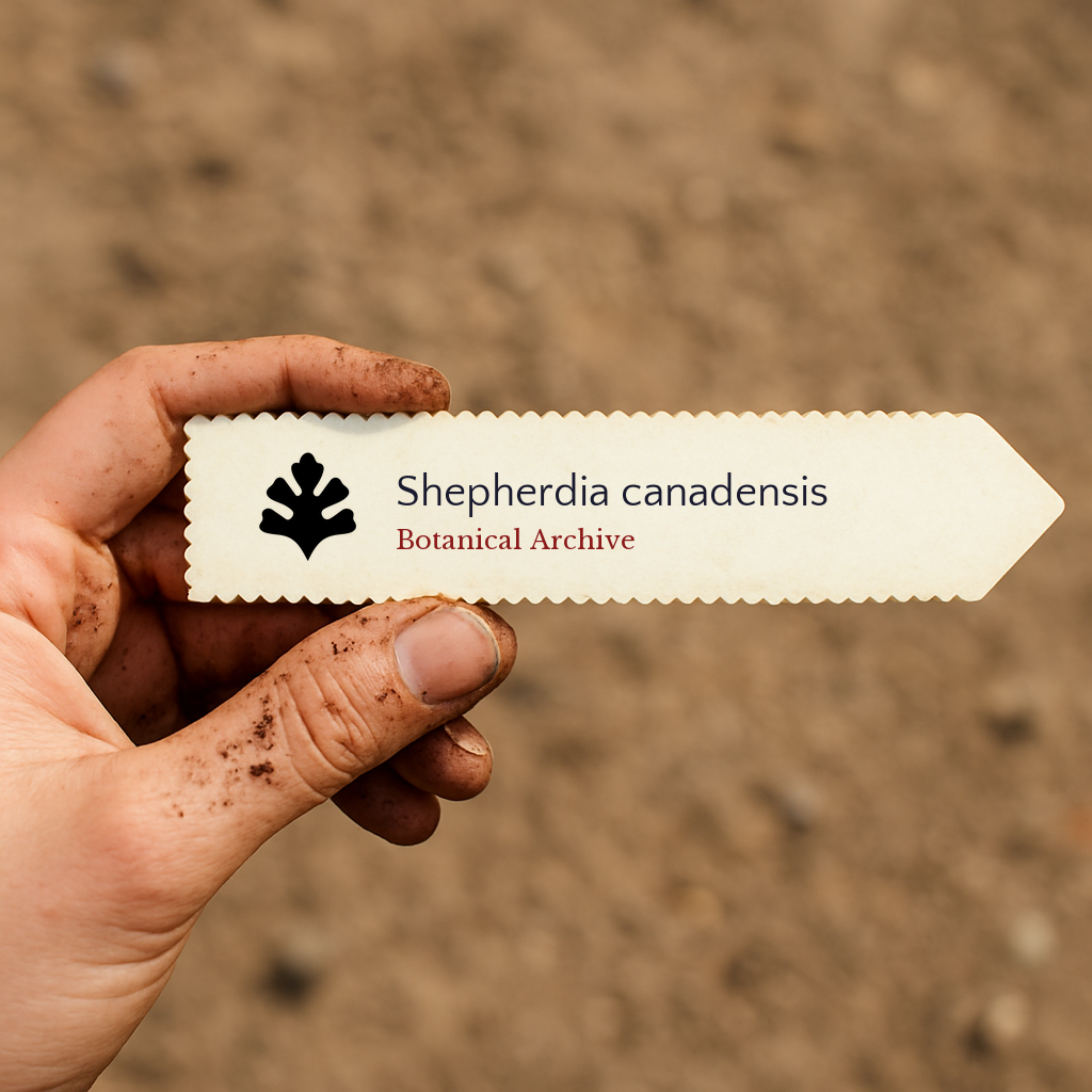 Printed plant label for Shepherdia canadensis held by a dirt-covered hand against soil background