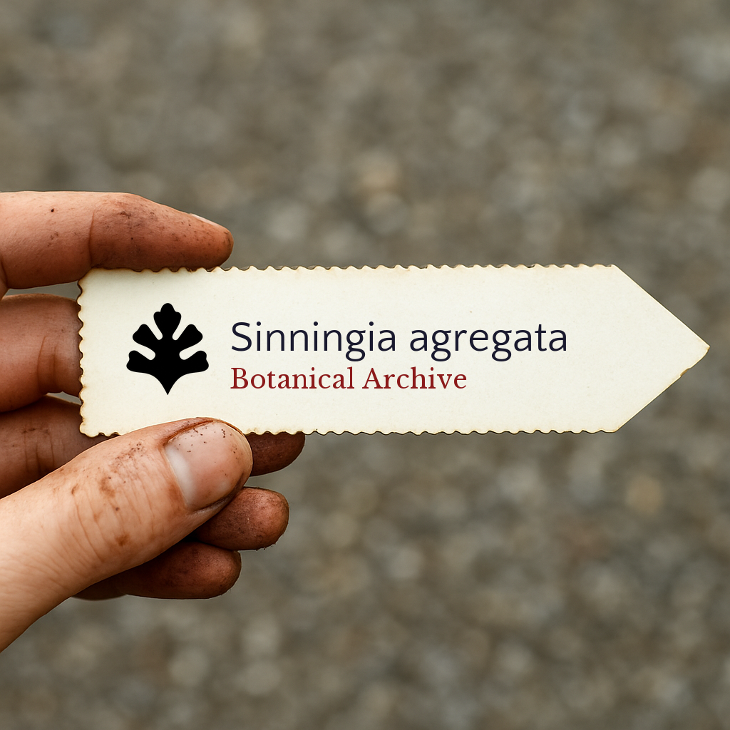 Etichetta per pianta stampata per Sinningia agregata con logo Botanical Archive tenuta da mano sporca