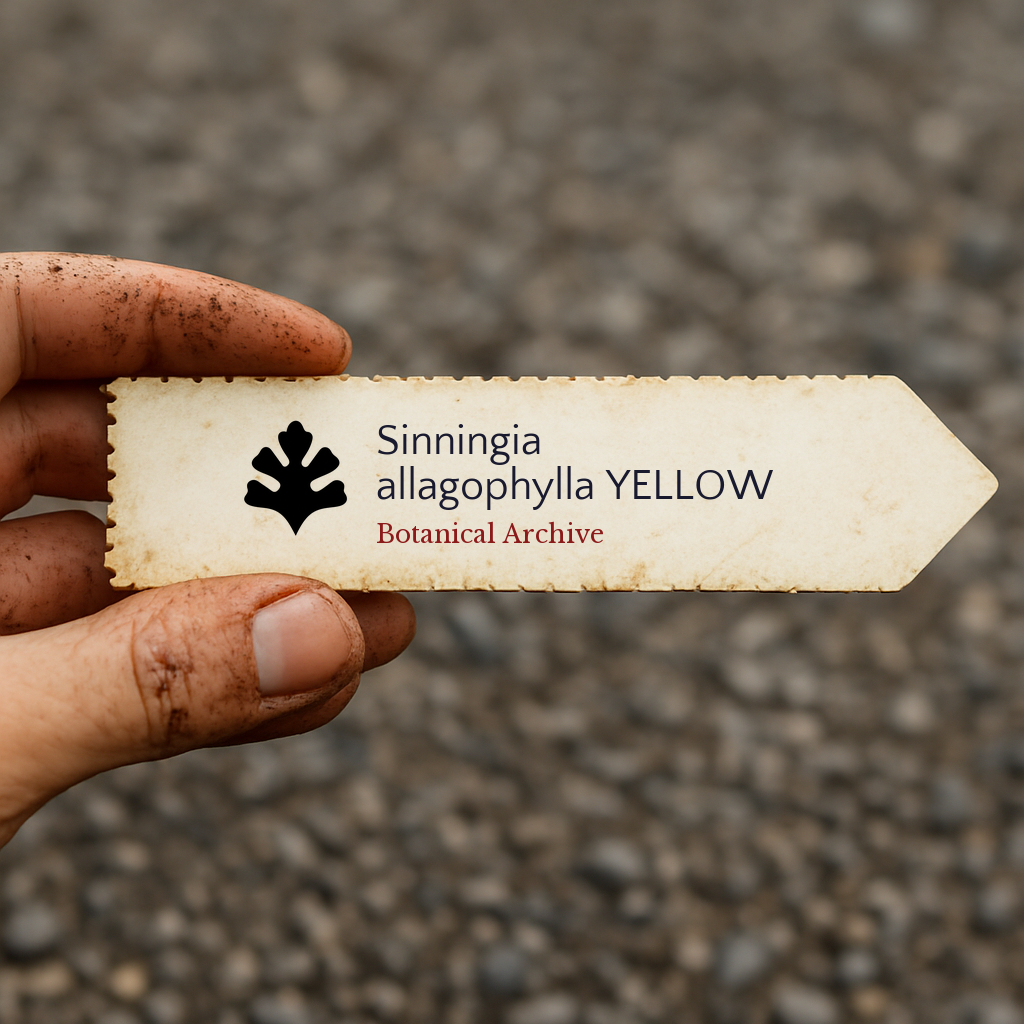 Printed plant label for Sinningia allagophylla held by dirty hand outdoors
